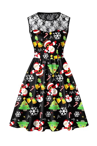 BesserBay Damen Weihnachten Knielang Druck Spitze Kleid Ärmellos A-Linie Swing Weihnachtskleid Weihnachtsmann M von BesserBay