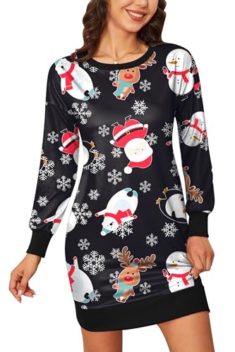 BesserBay Weihnachten Damen Langarm Weihnachtskleid Rundhals Lustige Christmas Midikleid Schneemann L von BesserBay