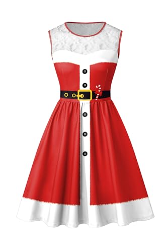 BesserBay Damen Weihnachten Rundhals Knielang Druck Kleid Ärmellos A-Linie Swing Weihnachtskleid Rot XXL von BesserBay
