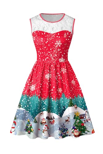 BesserBay Damen Weihnachten Rundhals Spitze Druck Midikleid A-Linie Swing Party Ballkleid Rot & Schnee S von BesserBay