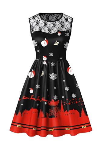 BesserBay Damen Weihnachten Rundhals Spitze Knielang Midikleid A-Linie Swing Ballkleid Schwarz Rot L von BesserBay