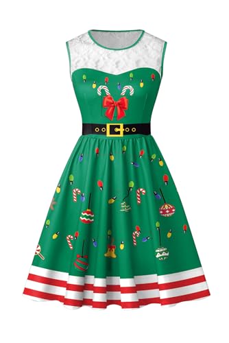 BesserBay Damen Weihnachten Spitze Druck Knielang Kleid A-Linie Party Ärmellos Weihnachtskleid Grüne Süßigkeiten XXL von BesserBay