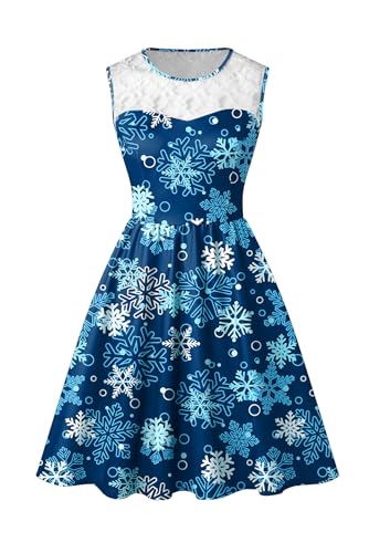 BesserBay Damen Weihnachten Spitze Druck Rundhals Midikleid Ärmellos Swing Party Ballkleid Blau Schneeflocken XXL von BesserBay