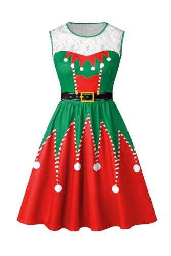 BesserBay Damen Weihnachten Spitze Rundhals Knielang Druck Midikleid A-Linie Swing Party Ballkleid Rot & Grün XL von BesserBay