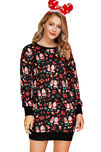 BesserBay Weihnachten Damen Kleid Christmas Rundhals Lustige Langarm Midikleid Weihnachtsmann XXL von BesserBay