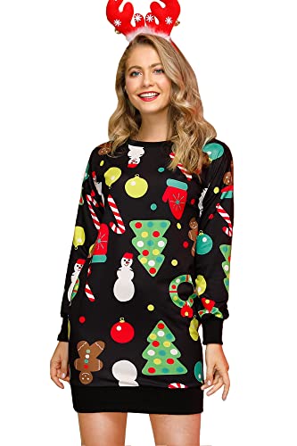 BesserBay Weihnachten Damen Partykleid Christmas Rundhals Langarm Midikleid Weihnachtsbaum M von BesserBay