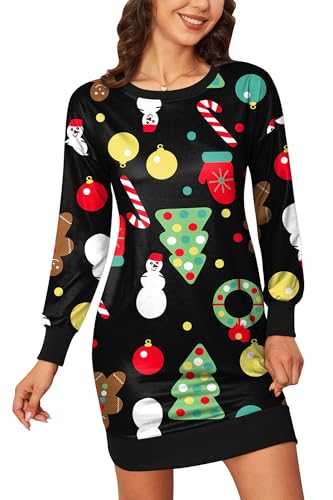 BesserBay Weihnachten Damen Partykleid Christmas Rundhals Lustige Langarm Midikleid Weihnachtsbaum S von BesserBay