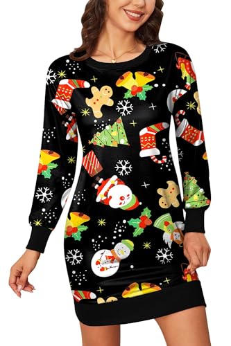 BesserBay Weihnachten Damen Kleid Rundhals Langarm Lustige Christmas Weihnachtskleid Weihnachtsmann XL von BesserBay