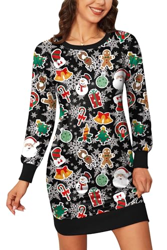 BesserBay Weihnachten Damen Langarm Weihnachtskleid Rundhals Lustige Christmas Midikleid Weihnachtsbaum S von BesserBay