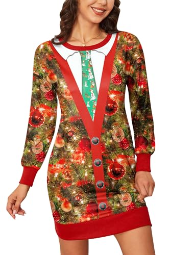 BesserBay Weihnachten Damen Sweatshirtkleid Rundhals Langarm Lustige Christmas Midikleid Rote Krawatte S von BesserBay