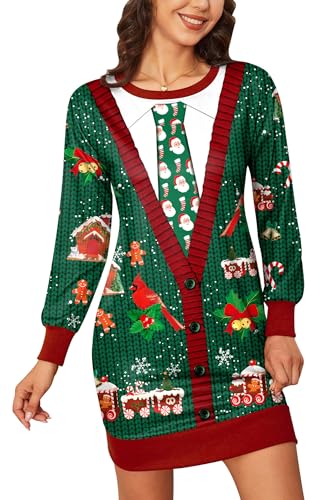 BesserBay Weihnachten Damen Partykleid Langarm Rundhals Lustige Christmas Midikleid Grüne Krawatte XL von BesserBay
