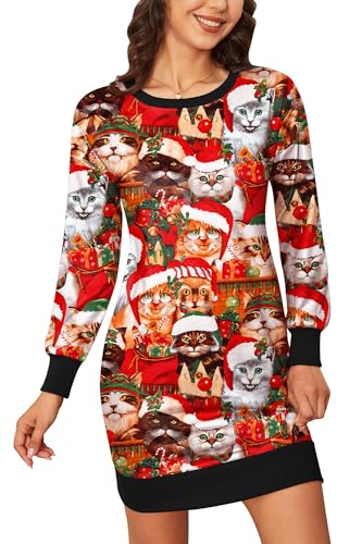 BesserBay Weihnachten Damen Party Kleid Langarm Rundhals Lustige Christmas Weich Midikleid Katze S von BesserBay