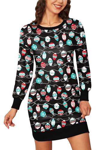 BesserBay Weihnachten Damen Party Kleid Rundhals Langarm Lustige Christmas Midikleid Die Glühbirne XL von BesserBay