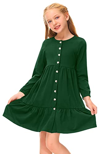 BesserBay Rundhals Langarm Herbst Kleider Mädchen Baumwolle Musselin Kleid Prinzessin Kleider Für Mädchen Mädchen Kleid Dunkelgrün 130 von BesserBay