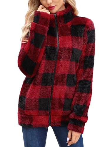 BesserBay Fleecejacke Damen Outdoor Warm Teddy Lang Funktions Durchgehendem Reißverschluss Fleecemantel Sweatjacke Rot-schwarzes Karo L von BesserBay