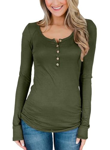 Damen Herbst Freizeit Henley Shirt Elegant Rundhalsausschnitt mit Knöpfen Langarmshirt Grün M von BesserBay