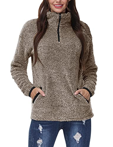 BesserBay Kuschelig Herbst Winter Teddy Fleecejacke Damen V Ausschnitt Oversize Warm Teddy Pullover Damen Kaffee S von BesserBay