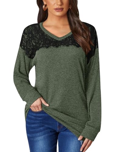 BesserBay Frauen V-Ausschnitt Schwarzen Spitzen Oberteile Winter Langarmshirt Grün M von BesserBay