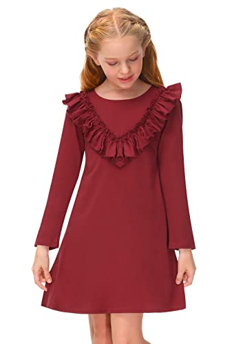 BesserBay Freizeitkleid Kinder Einfarbig Mädchen Langarm Kleid Weich Kleid Rundhals Sweet Freizeit mit Ruffle Herbst Winter Rot 110 von BesserBay