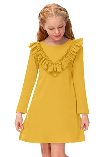 BesserBay Freizeitkleid Kinder Einfarbig Mädchen Long Sleeve Kleid Weich Kleid Rundhals A-Linie Freizeit mit Ruffle Herbst Winter Gelb 110 von BesserBay