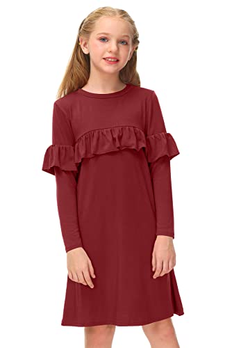 BesserBay Herbst Langarm Kinderkleid Prinzessin Kleid Mädchen Rundhals Ruffle Kleid Mädchen mit Ruffle Langarm/Burgundy 120 von BesserBay