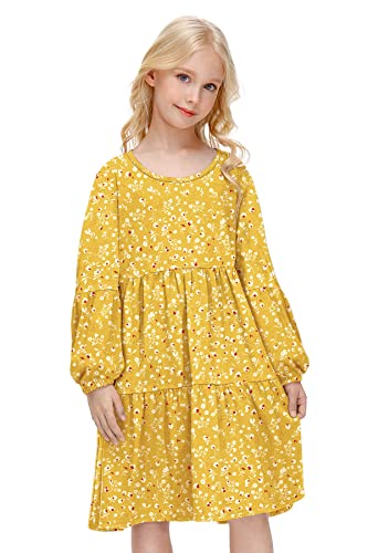 BesserBay Gelb A-Linie Freizeit Kleid Langarm Kleid T-Shirt Kleid Einfarbig Freizeitkleid Kinder Herbst Winter Rundhals mit Falten 120 von BesserBay