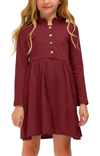 Mädchen Winter Kleid mit Knopf Rüsche Kragen Langarm A-Linie Midikleid Burgundy 150 von BesserBay