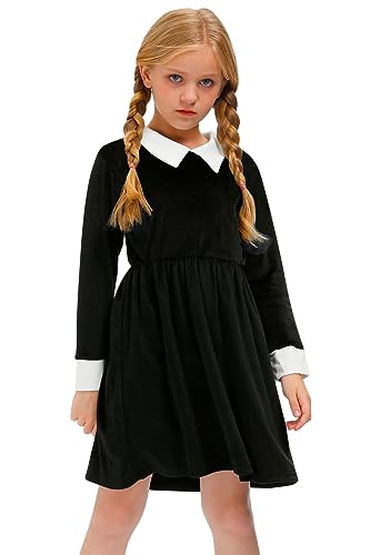 BesserBay Karneval Kinder Horror Vintage Kleid Samt Mittwoch Cosplay Peter Pan Kragen Kostüm Schwarz 110 von BesserBay