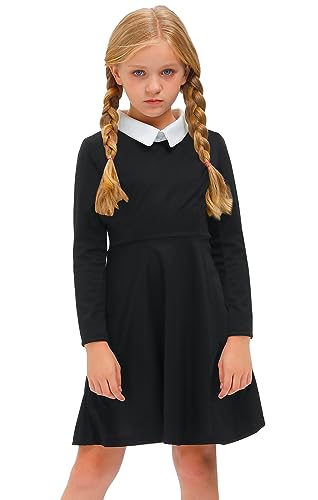 BesserBay Karneval Kinder Langarm Midikleid Horror Mittwoch Peter Pan Kragen Cosplay Kostüm Schwarz 140 von BesserBay