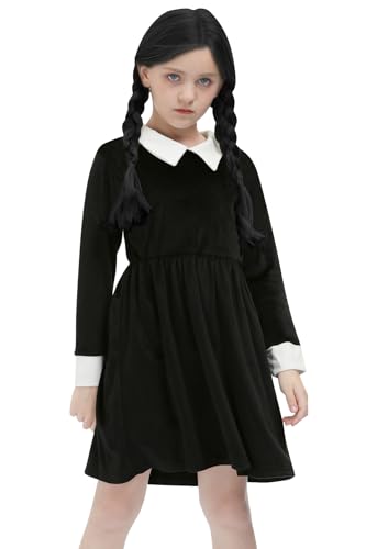 BesserBay Halloween Mädchen Karneval Vintage Midikleid Mittwoch Peter Pan Kragen Cosplay Samt Kostüm Schwarz 150 von BesserBay