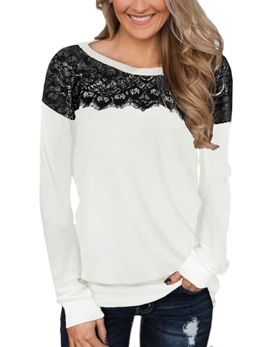 BesserBay Herbst Damen Casual mit Schwarzen Spitzen Elegant Sweatshirt Top Outdoor Fashion Langarmshirt Beige L von BesserBay