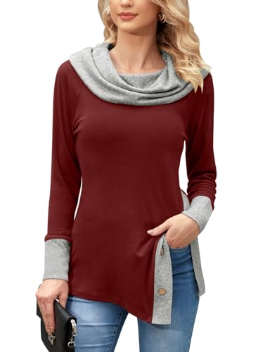 BesserBay Herbst Damen Kragen Seitenschlitz Langarm Pullover Weich Leicht Alltag Oberteile Rot M von BesserBay