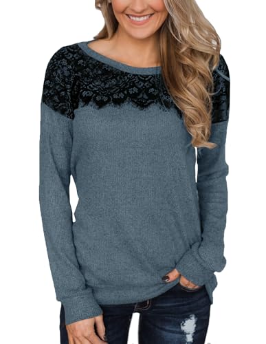 BesserBay Herbst Damen Langarm Elegant mit Schwarzen Spitzen Sweatshirt Weich Leicht Fashion Langarmshirt Blau M von BesserBay