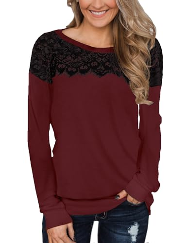 BesserBay Herbst Damen mit Schwarzen Spitzen Elegant Langarm Oberteile Top Fashion Alltag Shirt Rot XXL von BesserBay