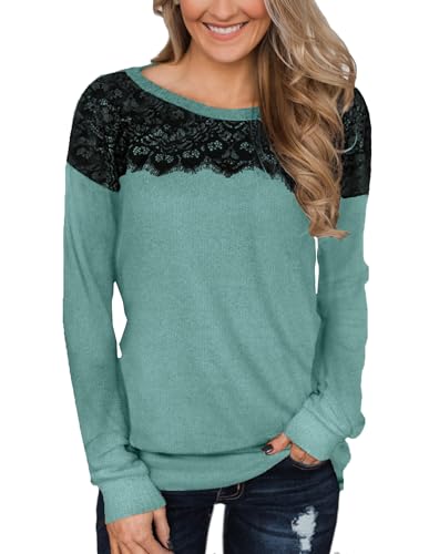 BesserBay Herbst Damen mit Schwarzen Spitzen Elegant Langarm Sweatshirt Alltag Lässig Weich Langarmshirt Türkis XL von BesserBay
