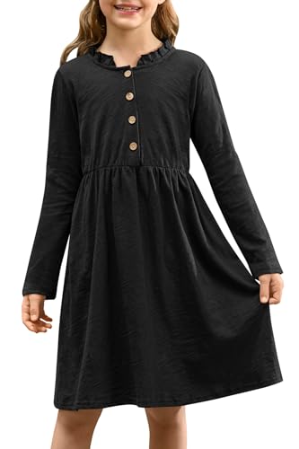 BesserBay Herbst Mädchen Casual Stehkragen Mit Rüschen Kleid Alltag Elegant Weich Freizeitkleid Schwarz 110 von BesserBay