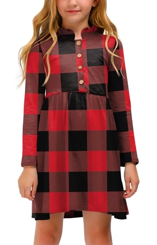 BesserBay Herbst Mädchen Mit Rüschen Langarm Stehkragen Kleid Süß Kleidung Lässig Freizeitkleid Rot Schwarz Karo 120 von BesserBay