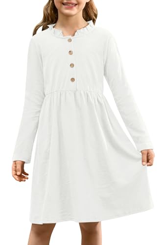 BesserBay Herbst Mädchen Stehkragen Langarm Casual Kleid Knopf Festlich Elegant Freizeitkleid Weiß 150 von BesserBay