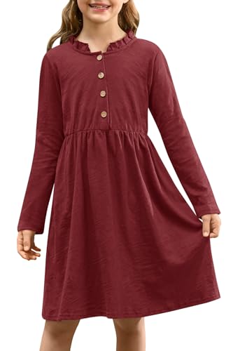 BesserBay Herbst Mädchen Stehkragen Mit Rüschen Langarm Manikleid Knopf Elegant Süß A-Linie Rot 110 von BesserBay