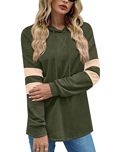 BesserBay Herbstpullover-Hoodie für Damen kontrastfarbene String-Tops lockere Passform Langarm Sweatshirt Laubgrün M von BesserBay