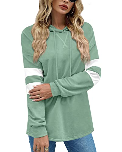 BesserBay Herbstpullover-Hoodie für Damen kontrastfarbene String-Tops lockere Passform Langarm Sweatshirt Weißgrün M von BesserBay