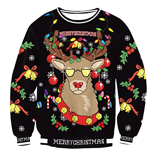Weihnachten Herren 3D Gedruckt Grafik Pullover Christmas Rundhals Lustige Langarm Sweatshirt Schwarz XL von BesserBay