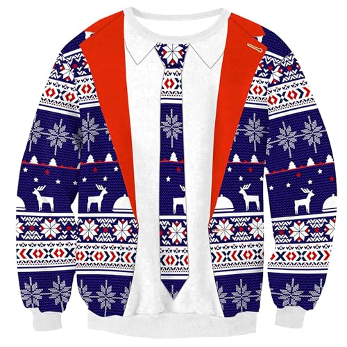 Weihnachten Herren 3D Gedruckt Grafik Pullover Rundhals Langarm Lustige Christmas Sweatshirt Blau XXL von BesserBay