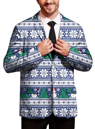 BesserBay Herren Sakkos Weihnachten Bedruckte Langarm Weihnachtsjacke Blau Anzug Xmas Kostüm Blazer S von BesserBay