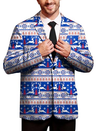 BesserBay Herren Sakkos Weihnachten Bedruckte Langarm Weihnachtsjacke Xmas Kostüm Blazer Blau S von BesserBay