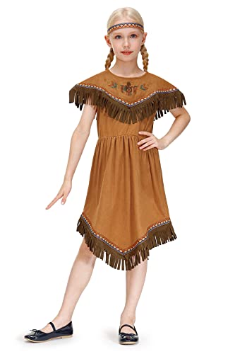 BesserBay Indianer Kleid Kinder Quasten mit Stirnband Kleidung Amerikanischer Outfit Braun 110 von BesserBay