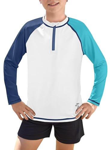 BesserBay Jungen Badeanzug Langarm 1/4 Zip Rash Guard Sonnenschutz Schwimmshirt UV Shirt Kinder Blau Weiß 140 von BesserBay