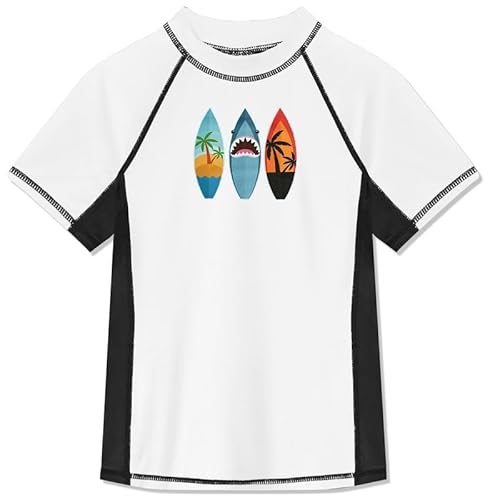 BesserBay Jungen Kinder Druck Badeshirt Bademode Schwimmshirt UV Shirt mit UV-Shutz Weiß Rashguard 120 von BesserBay