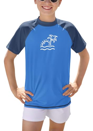 BesserBay Kinder Schnell Trocknend Kurzarm Badeshirt Blau Bademode UV Shirt Swimsuit Rashguard 150 von BesserBay