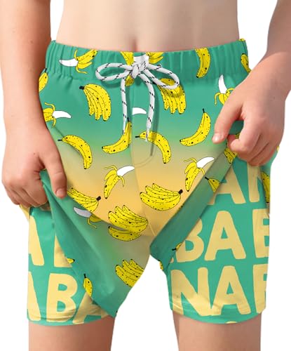 BesserBay Jungen Schnelltrocknend UPF 50+ Badehosen mit Kompression Innenhose Swim Shorts Grün Gelb Bananen 120 von BesserBay